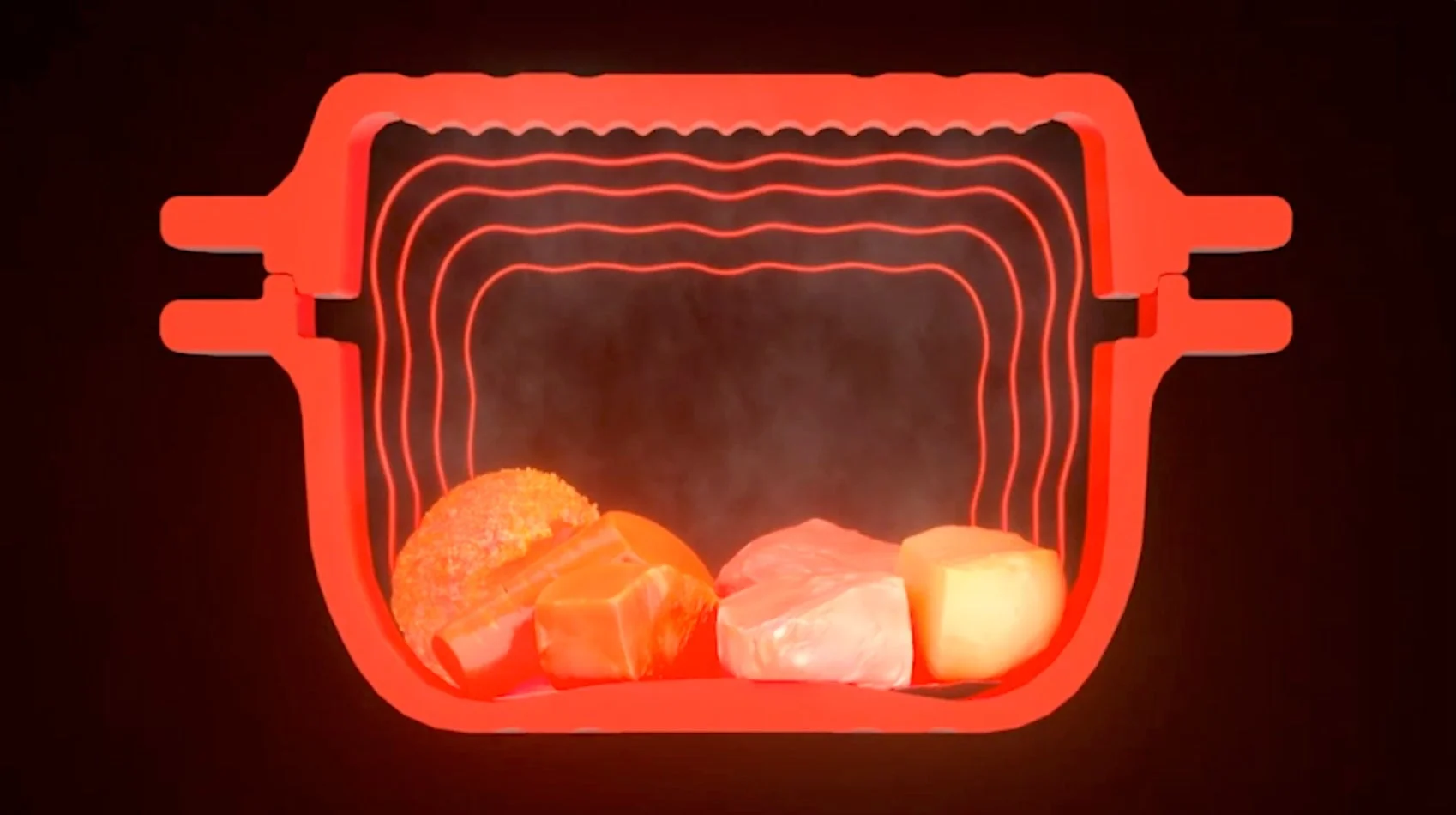 赤い容器の中で様々な食材が加熱されている様子を示す断面図です。容器の上部からは熱波が、食材からは蒸気が出ており、調理プロセスを表しています。