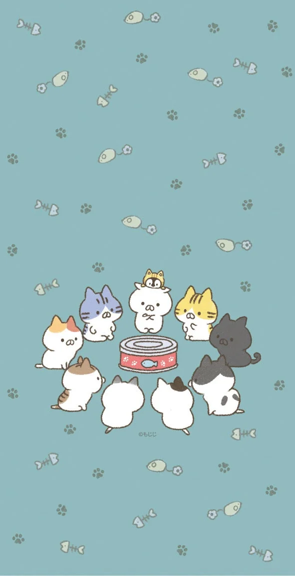 缶詰を囲んで座るたくさんの可愛らしい猫たちのイラスト