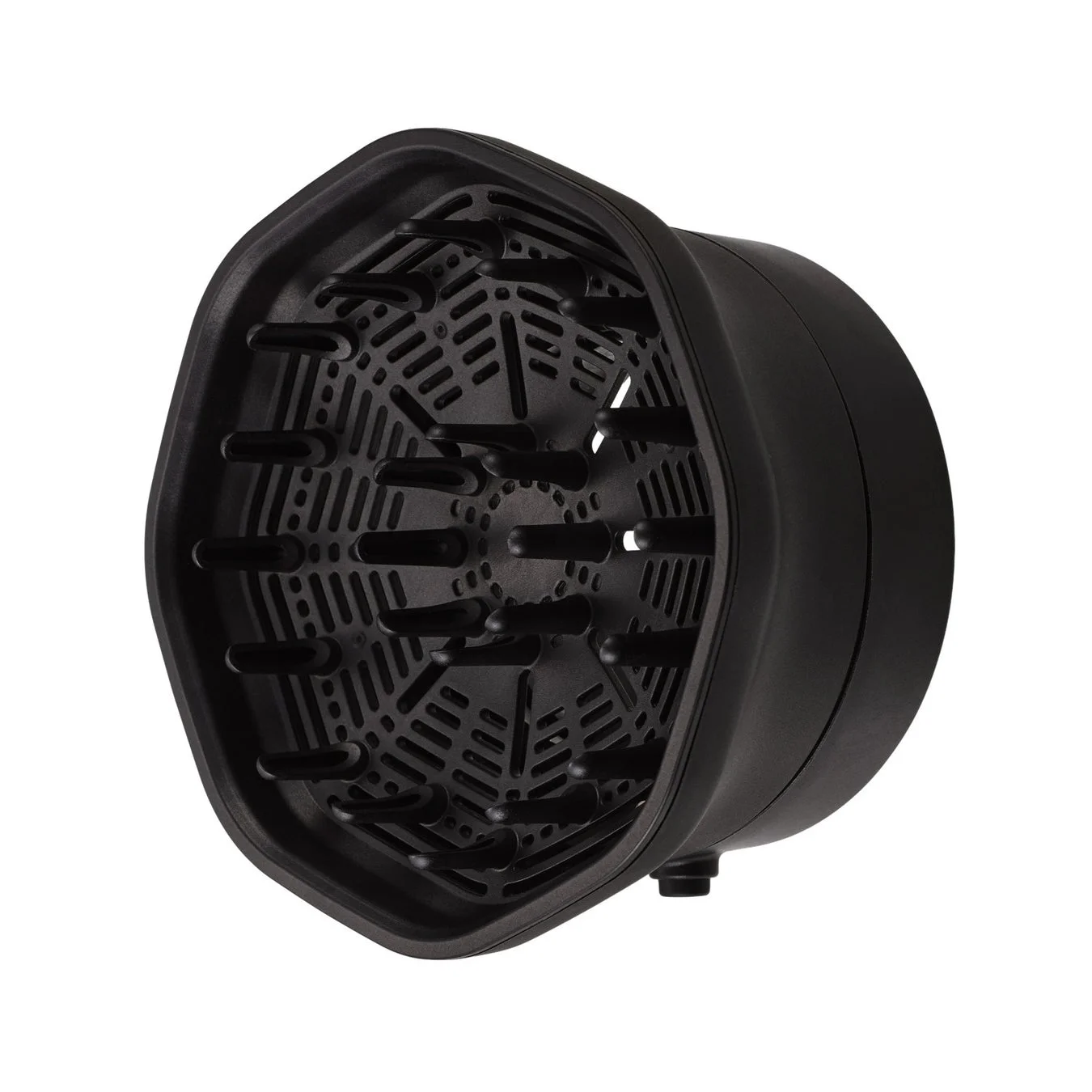 白い背景に置かれた黒いヘアドライヤー用ディフューザーのクローズアップ画像