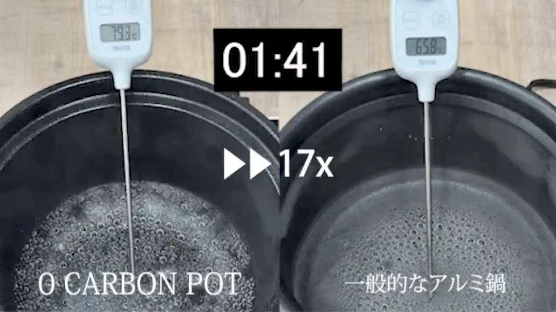 「O CARBON POT」と「一般的なアルミ鍋」で水を沸騰させている様子を比較した画像です。タイマーが01:41を示し、それぞれの鍋の温度が79.3℃と65.8℃であることが温度計で示されています。