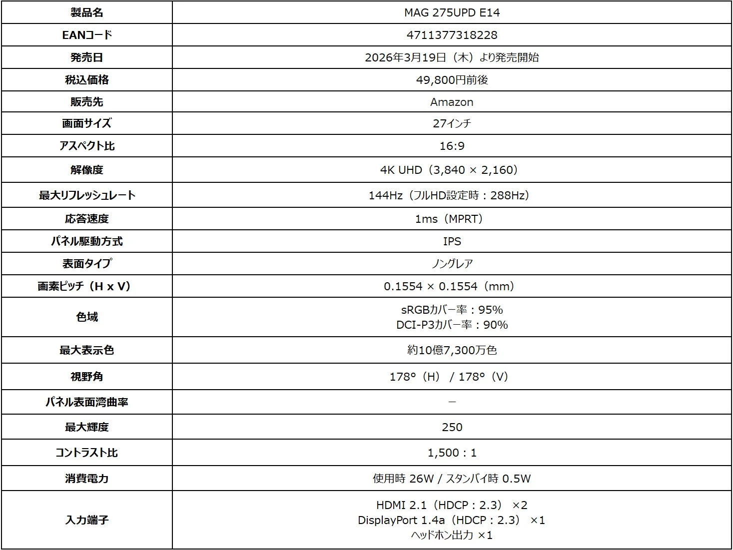 MAG 275UPD E14 製品仕様