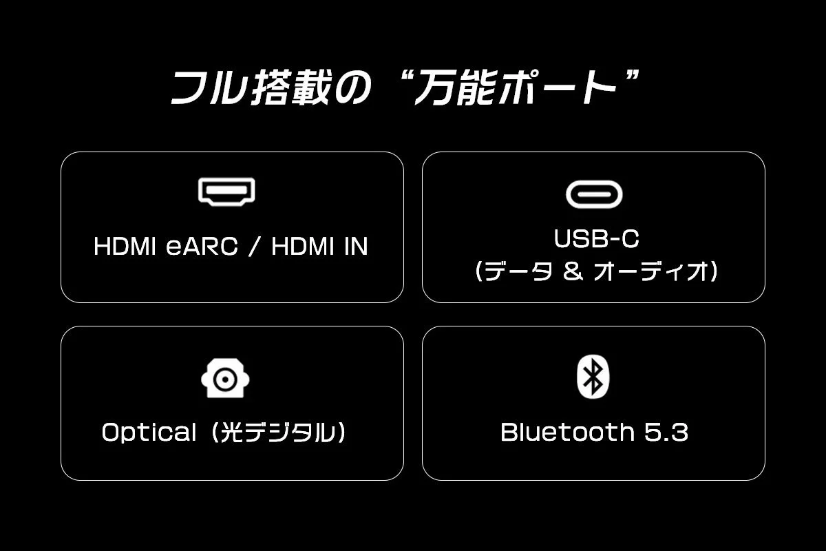 フル搭載の“万能ポート” HDMI eARC / HDMI IN USB-C (データ & オーディオ) Optical (光デジタル) Bluetooth 5.3