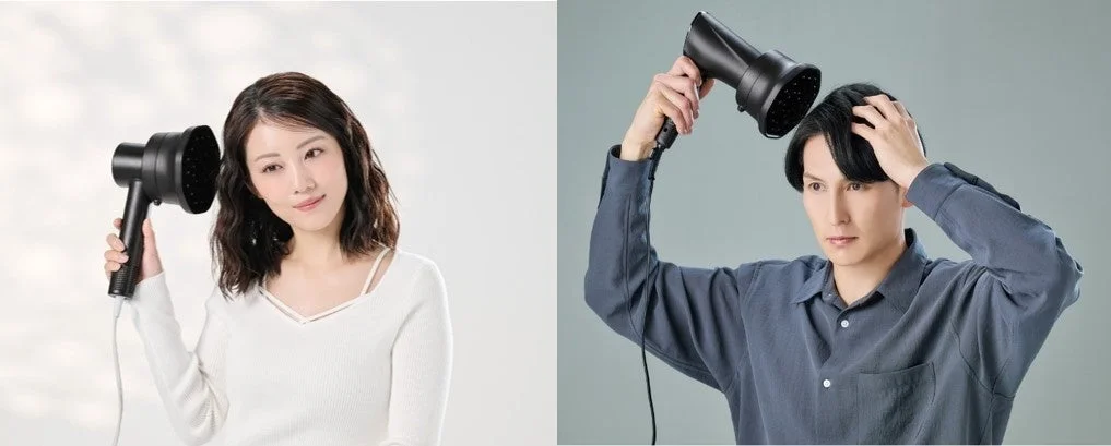 ヘアドライヤーのディフューザーを使用して髪を乾かしたりスタイリングしたりする女性と男性の姿
