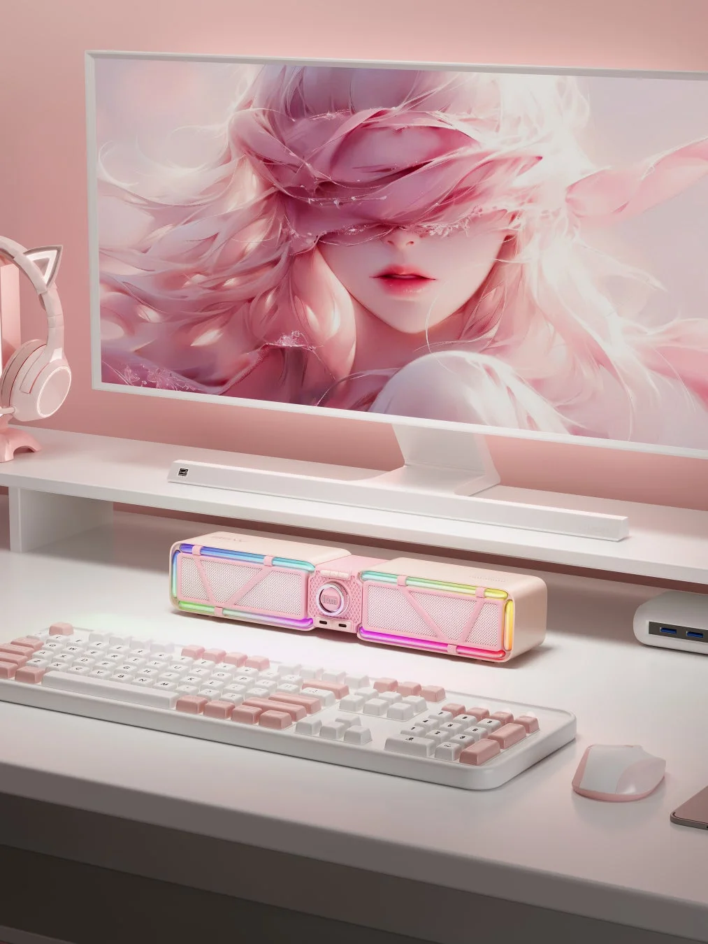 Divoom D-base ピンクのゲーミングデスクセットアップ