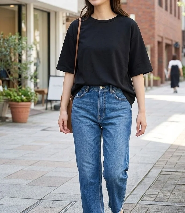 黒いTシャツとブルージーンズを着用した女性が、街中の舗装された道を歩いている様子