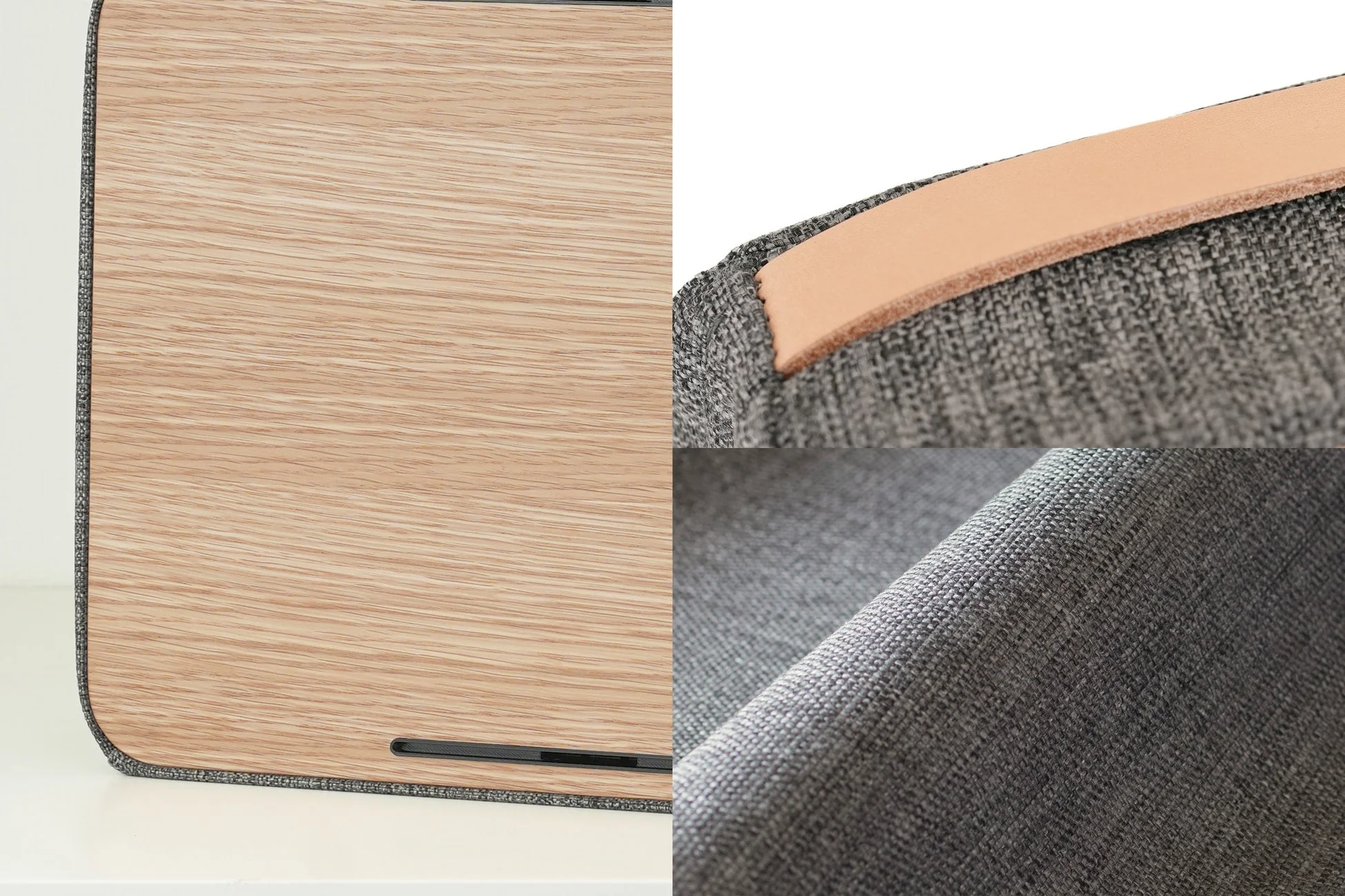 木目調のパネルと、その縁を覆うグレーのファブリックの質感を捉えた画像です。右側にはファブリックと革のストラップ、さらにファブリック単体のクローズアップがあり、異なる素材の組み合わせと詳細なテクスチャが特徴的です。
