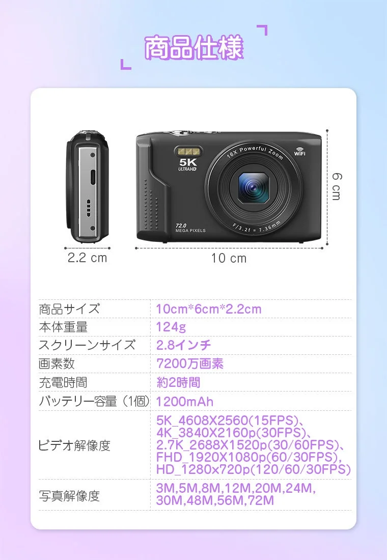 5K Ultra HD対応デジタルカメラの製品仕様を示す画像