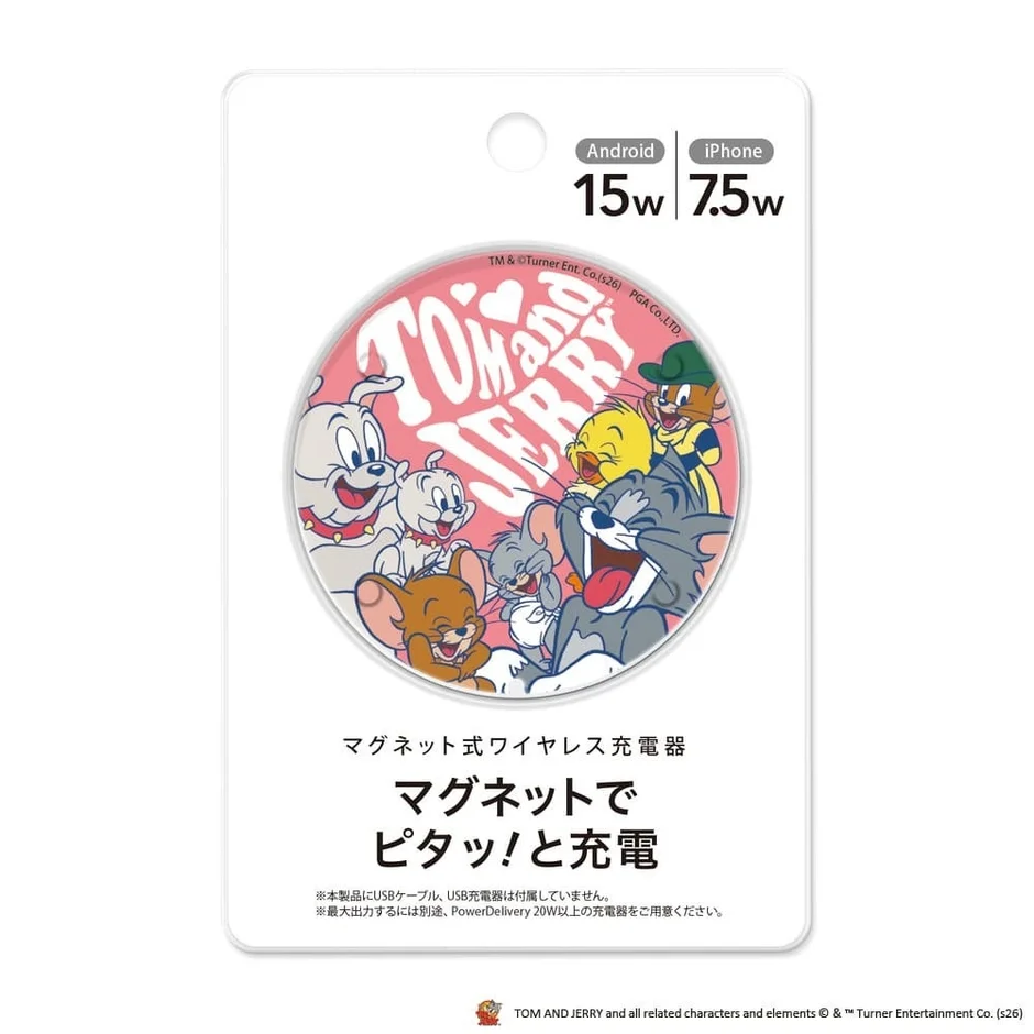 トムとジェリーのキャラクターがデザインされたマグネット式ワイヤレス充電器のパッケージ。Androidは15W、iPhoneは7.5Wに対応し、ケーブルと充電器は別売と記載されている。