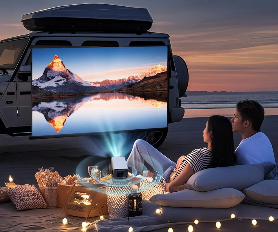 夕暮れのビーチで、SUVのリアに設置されたスクリーンに映し出された山と湖の映像を、くつろいだ姿勢で鑑賞するカップル。プロジェクターや装飾ライトがロマンチックな雰囲気を演出している。