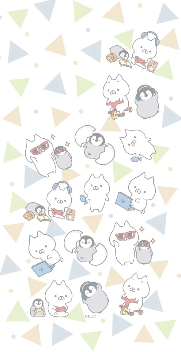 ゲームをしたり自転車に乗ったりする猫とペンギンのキャラクター