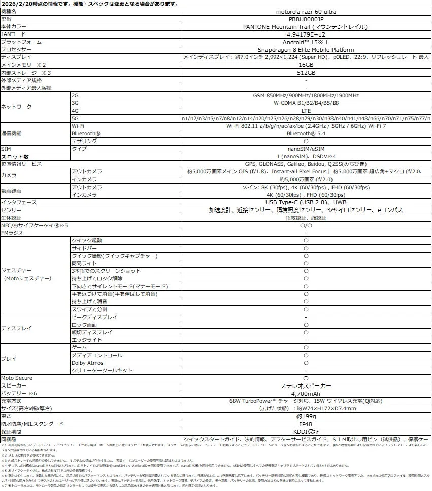 motorola razr 60 ultra PANTONE Mountain Trail 製品仕様