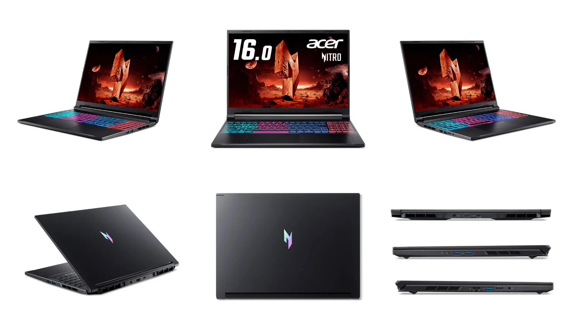複数の角度から撮影されたAcer NitroゲーミングノートPCの画像です。16.0インチディスプレイ、鮮やかなRGBバックライトキーボード、そしてスタイリッシュなブラックデザインが特徴で、様々なポートも確認できます。
