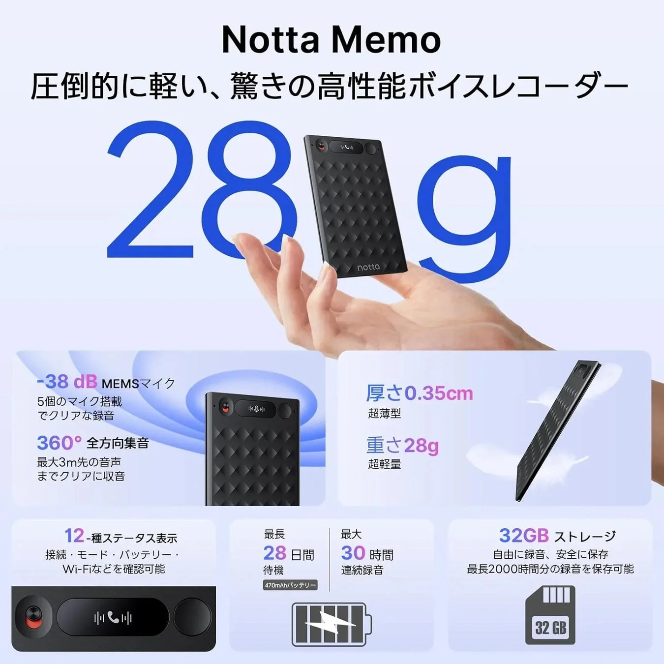 Notta Memoは、わずか28g、厚さ0.35cmの超軽量・薄型高性能ボイスレコーダー