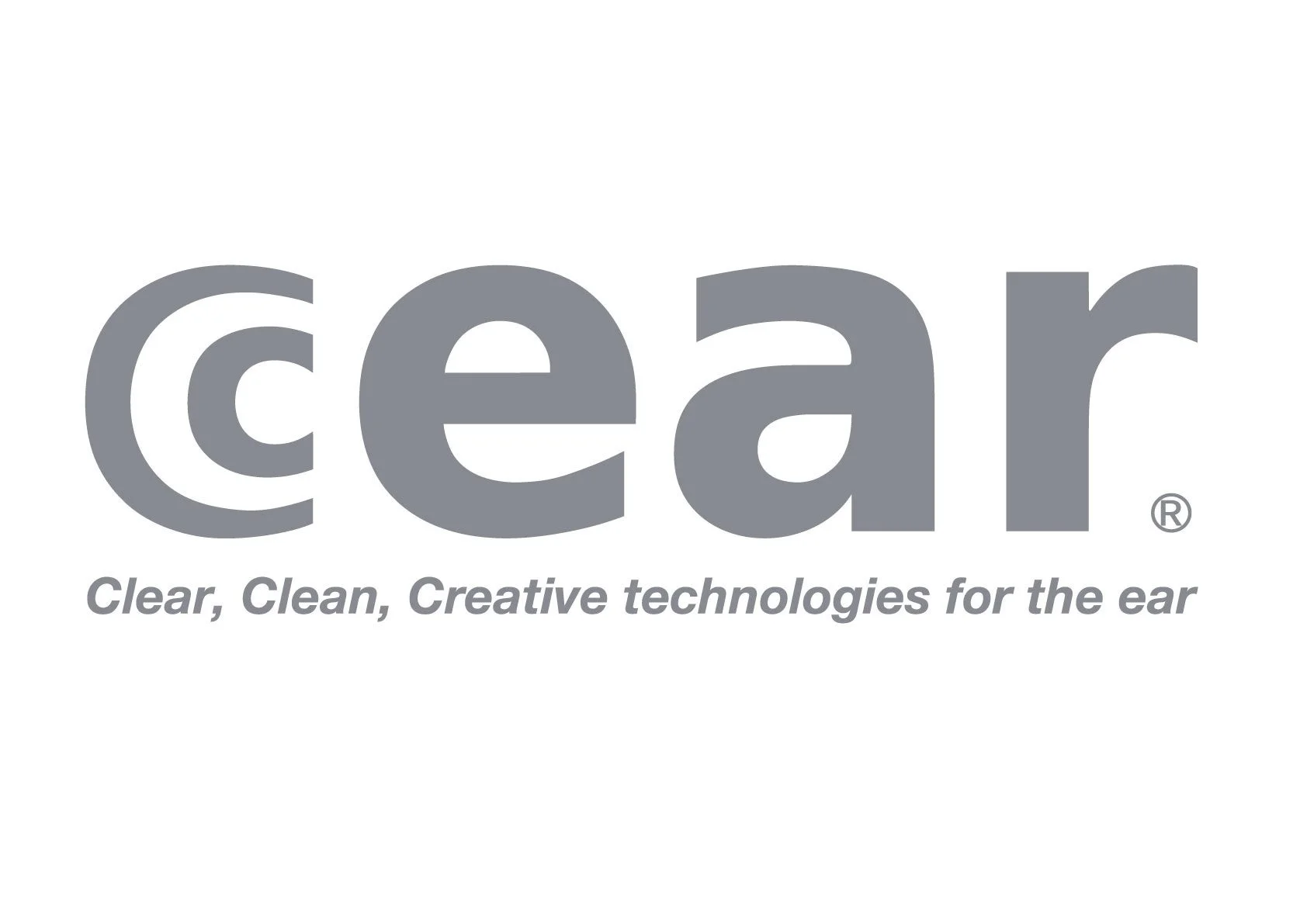 「cear」というロゴと、「Clear, Clean, Creative technologies for the ear」というスローガンが書かれた画像です。耳に関する技術や製品のブランドイメージを示しています。
