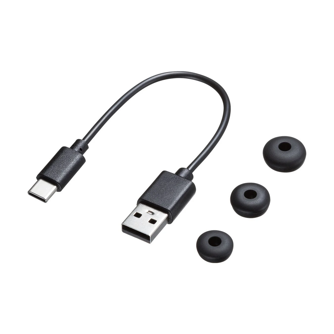 3サイズのイヤーピースと充電用USBケーブル