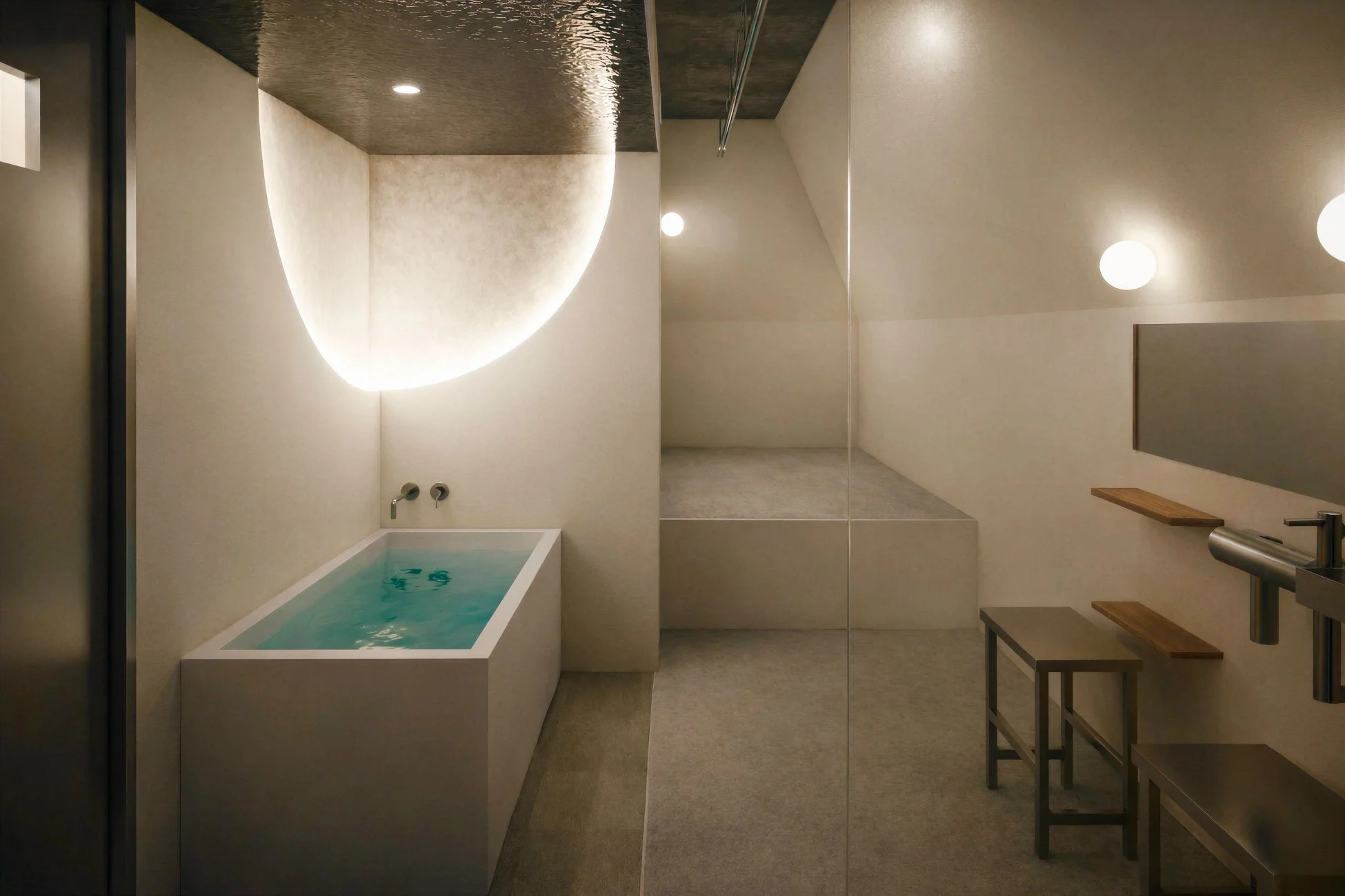 モダンでミニマリストなデザインのバスルームまたはスパ空間。青緑色の水が入ったバスタブがあり、壁には柔らかな曲線を描く間接照明が特徴的です。天井は波打つような質感で、全体的に落ち着いた雰囲気です。シャワーエリアやベンチも備えられています。