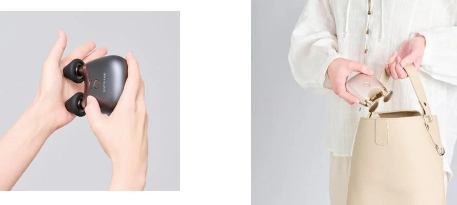 持ち運び可能な小型マッサージ器の使用シーンと収納シーン