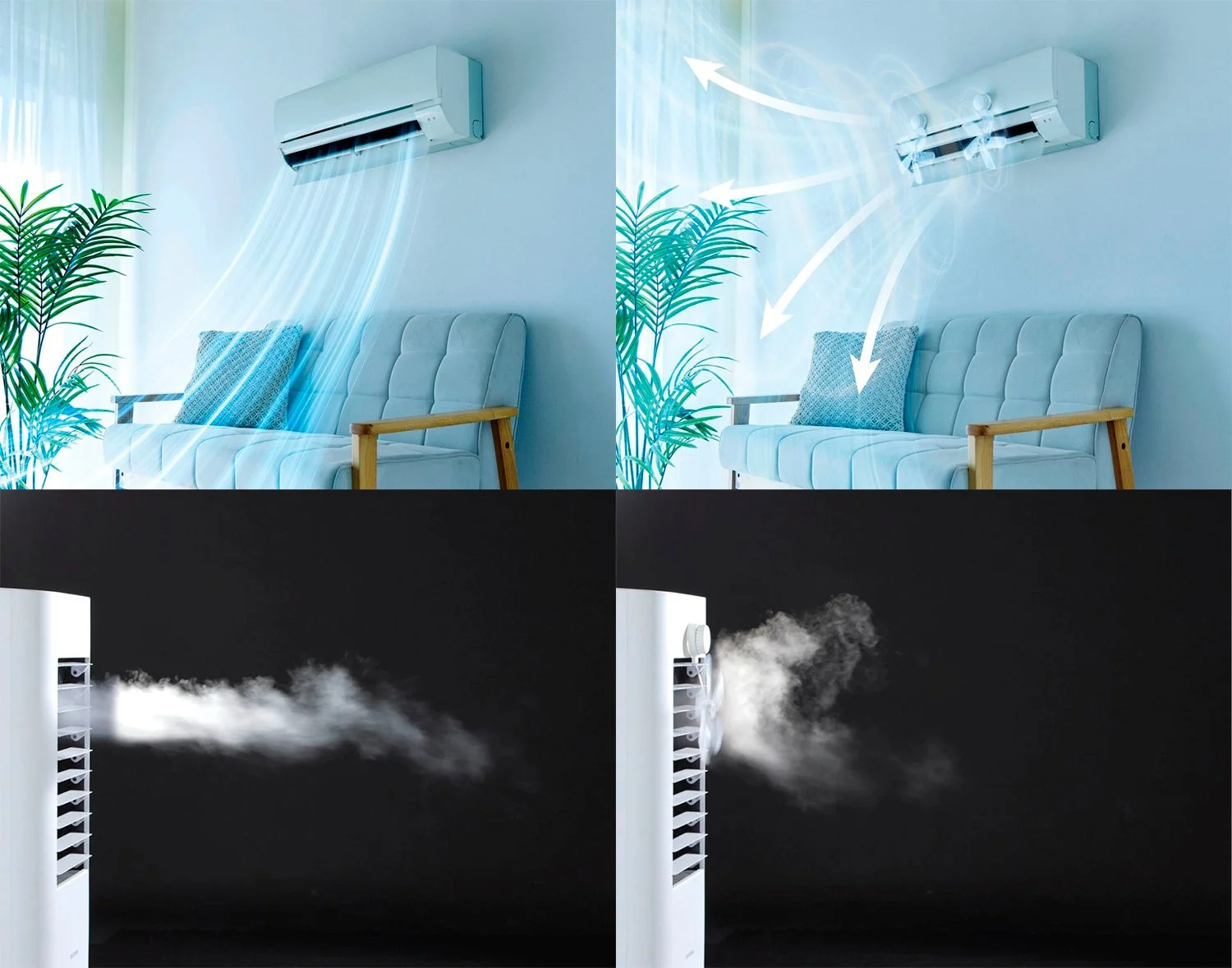 エアコンの異なる気流パターンと、加湿器または空気清浄機から放出されるミストの広がり方を比較した画像