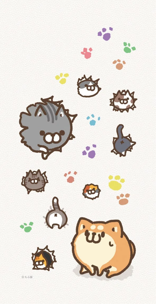 丸くて可愛い猫や柴犬のキャラクターと肉球のイラスト