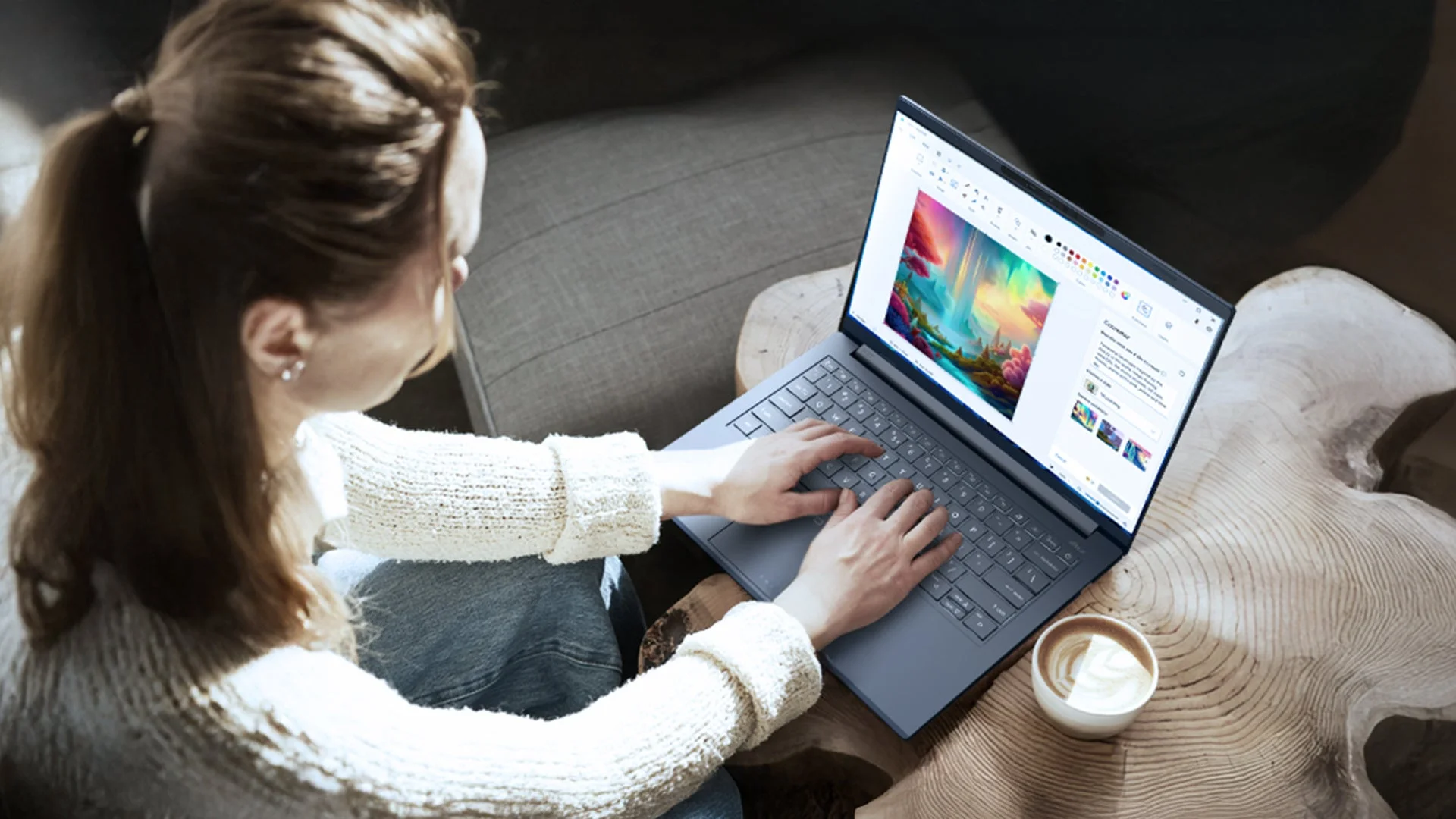 ノートパソコンでクリエイティブな作業をする女性