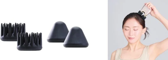 頭皮ケア用アタッチメント数種類と、それらを使った美容機器で頭皮マッサージをしている女性の様子