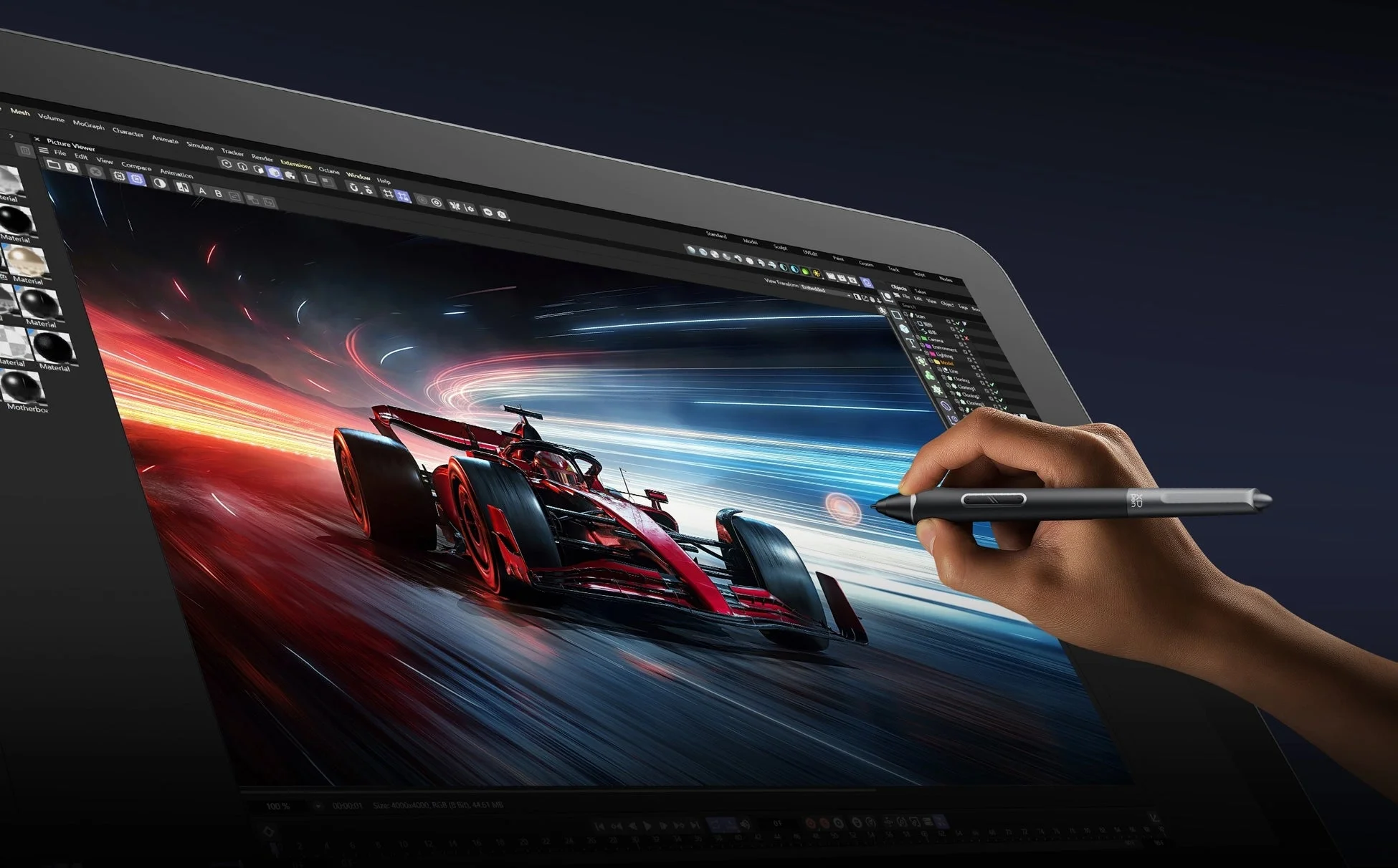 高速で走るF1カーのデジタルアートが表示された大型モニター