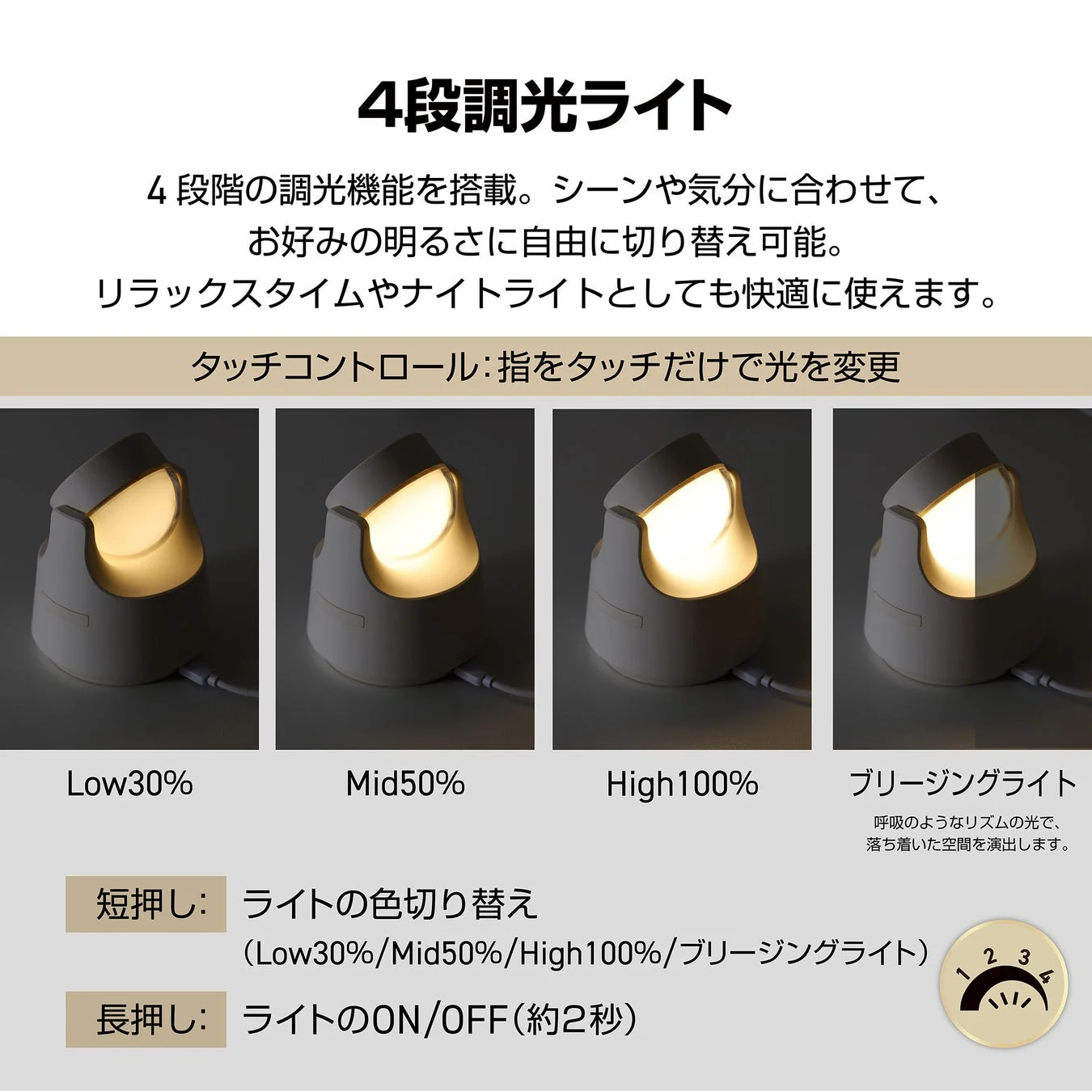 4段階調光機能を搭載したライト