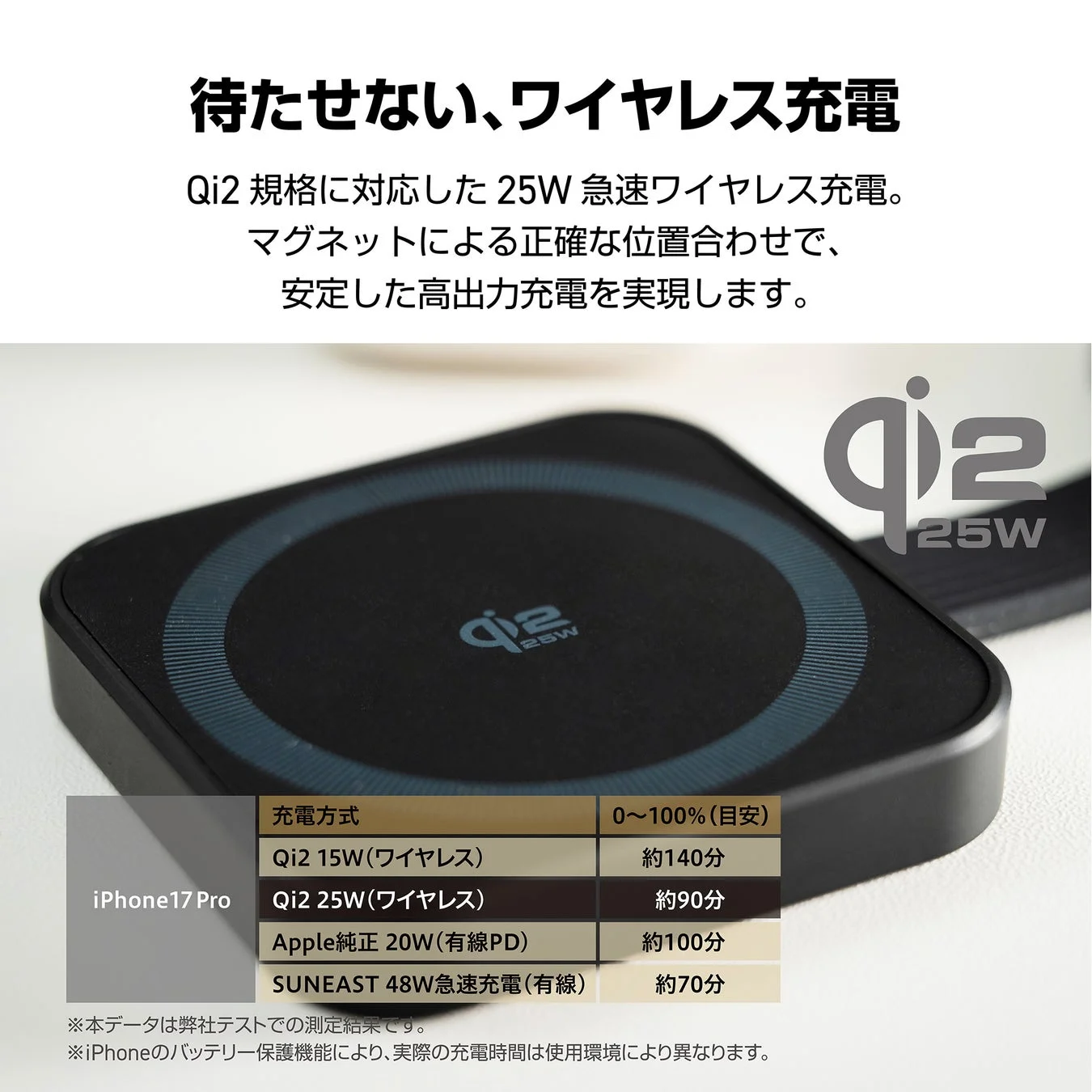 Qi2 25W急速ワイヤレス充電と充電時間比較