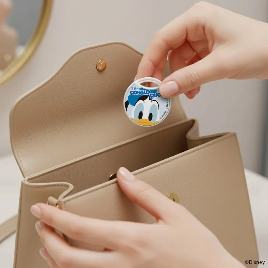 ドナルドダックの紛失防止タグをバッグに入れる様子