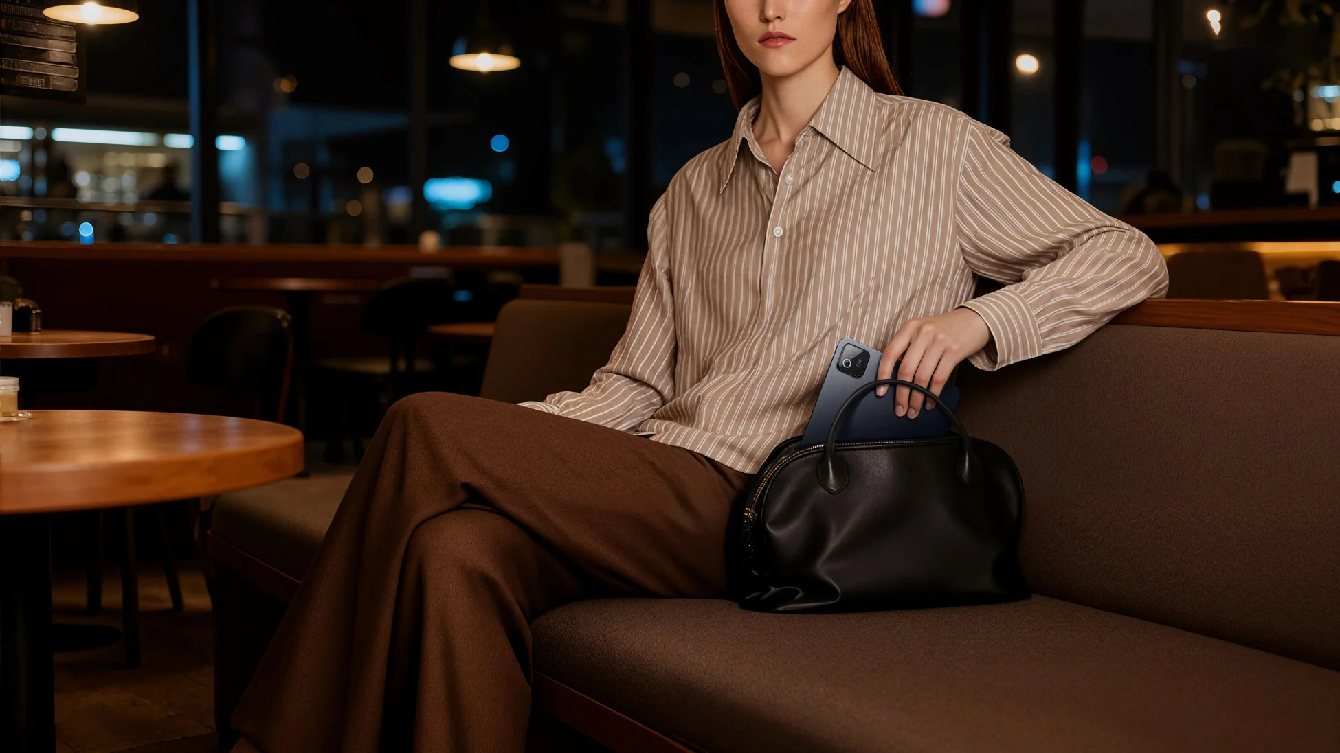 夜のカフェでくつろぐ女性