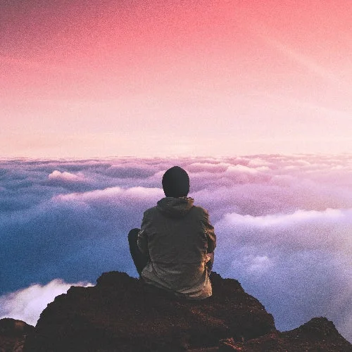 山頂に座り、広がる雲海とピンク色に染まる空を眺める人物の後ろ姿