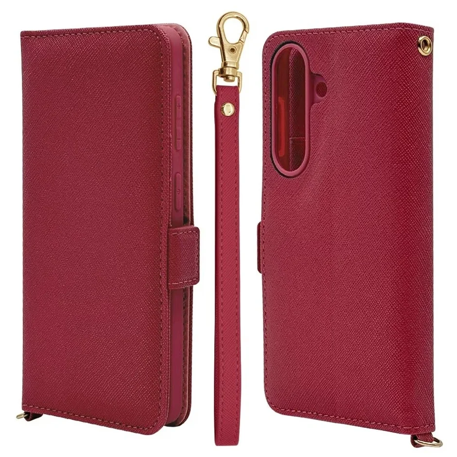 スマートフォンケース,スマホケース,手帳型ケース,ウォレットケース,レッド,ボルドー,ワインレッド,ストラップ付き,サフィアーノ調,レザー調,保護ケース,携帯アクセサリー
