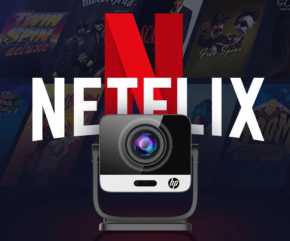 Netflixのロゴと文字が大きく表示され、その手前にHPブランドのウェブカメラが置かれている。背景には様々なデジタルコンテンツのサムネイルが見える。ストリーミングサービスとウェブカメラの関連性を示唆する画像。