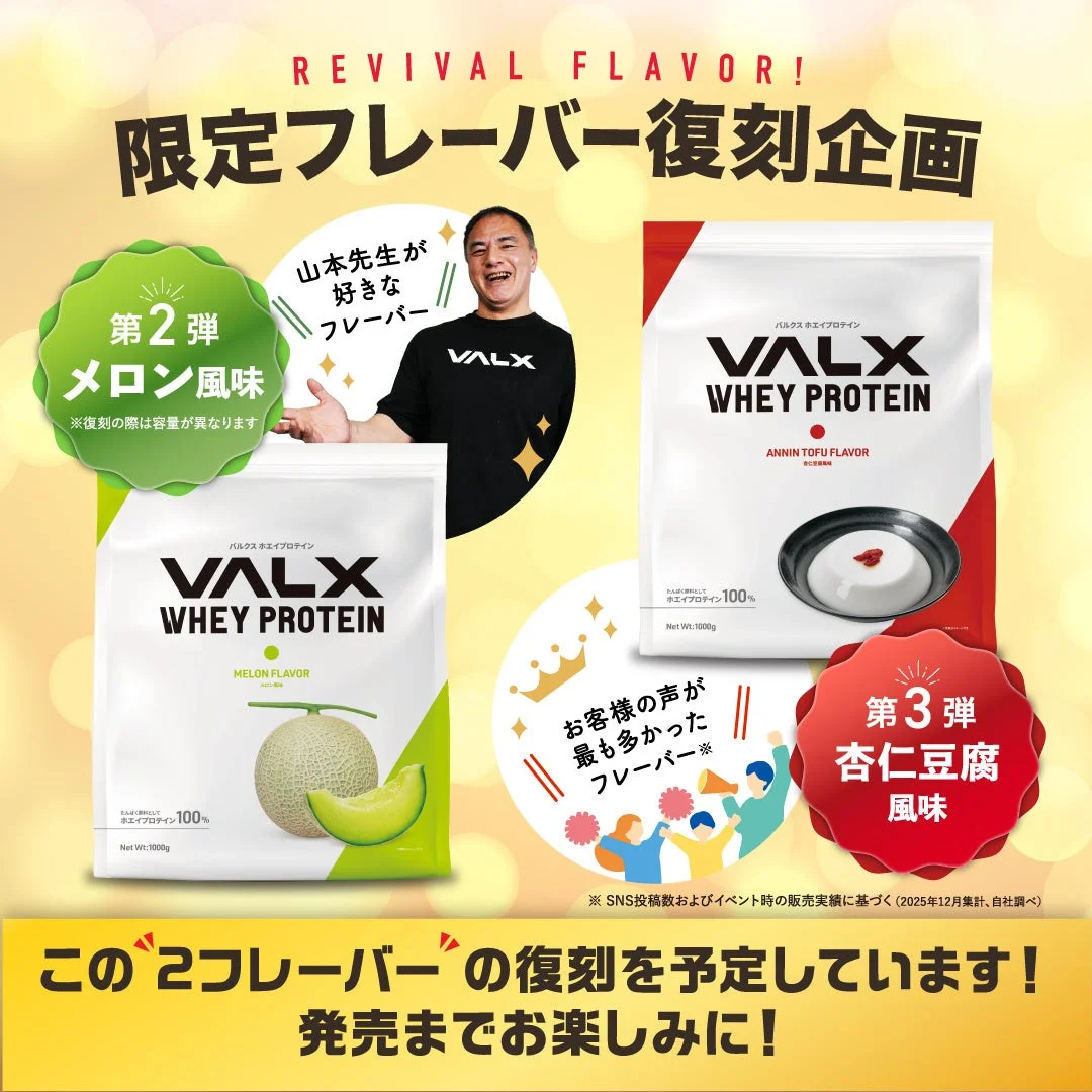 「VALX ホエイプロテイン」人気フレーバーが復刻決定！メロン風味と杏仁豆腐風味がファンの声に応え再登場