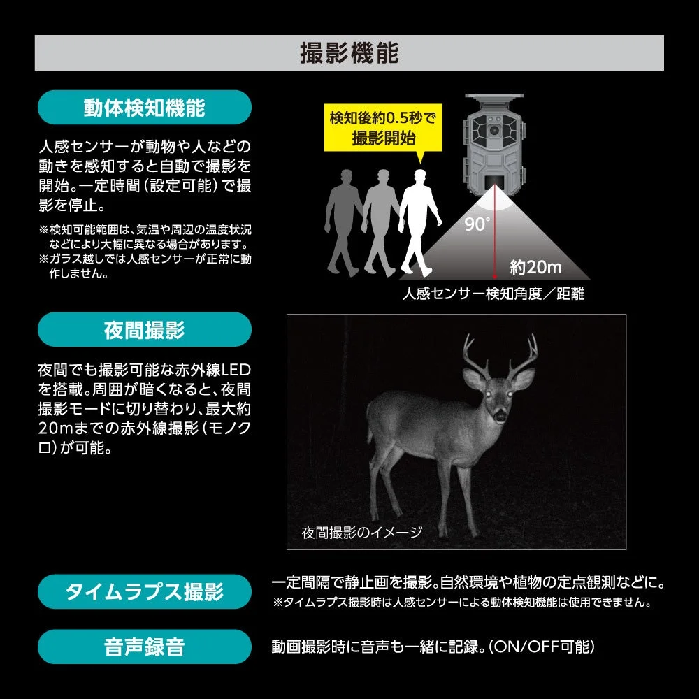 動体検知、夜間撮影、タイムラプス、音声録音などの撮影機能