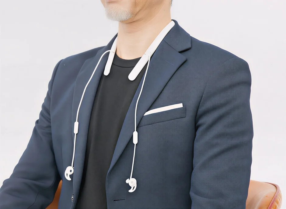 ネックバンド型ワイヤレスイヤホンを首にかける男性