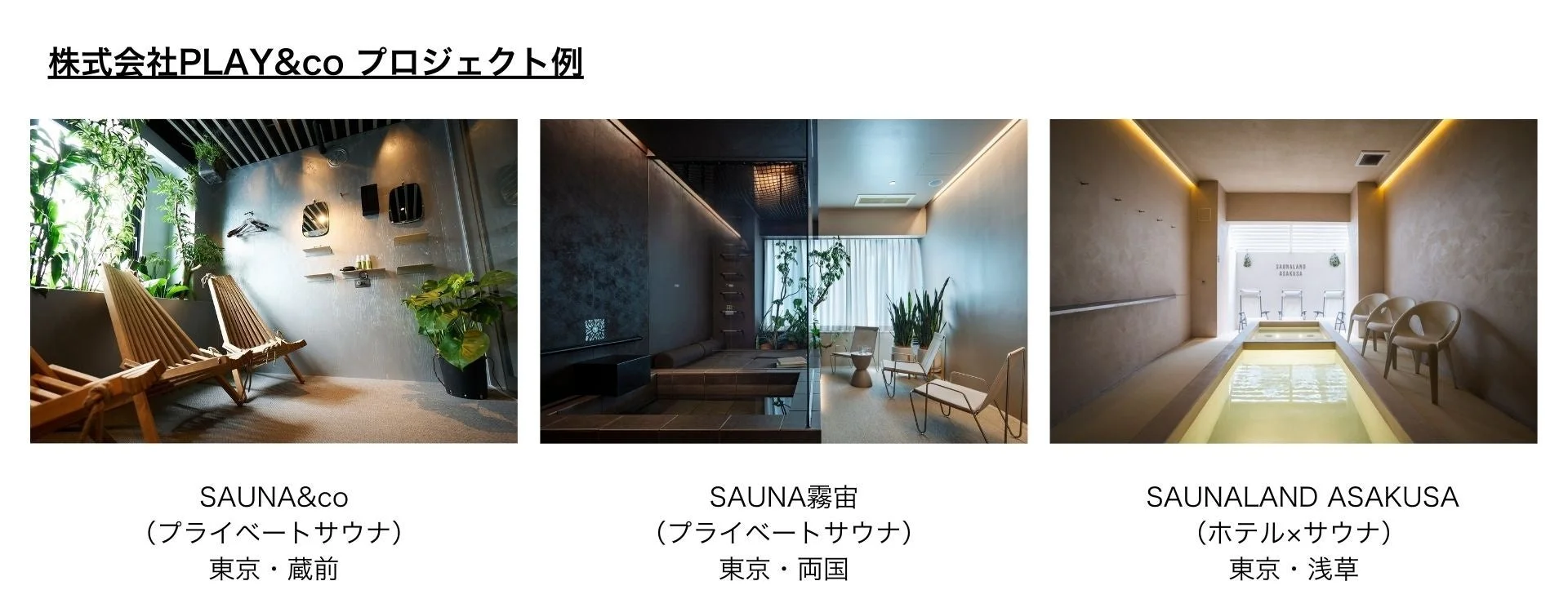 株式会社PLAY&coによる3つのサウナプロジェクト例を紹介する画像です。プライベートサウナ「SAUNA&co(東京・蔵前)」、「SAUNA霧宙(東京・両国)」、ホテル併設の「SAUNALAND ASAKUSA(東京・浅草)」のモダンで落ち着いた空間が写し出されています。