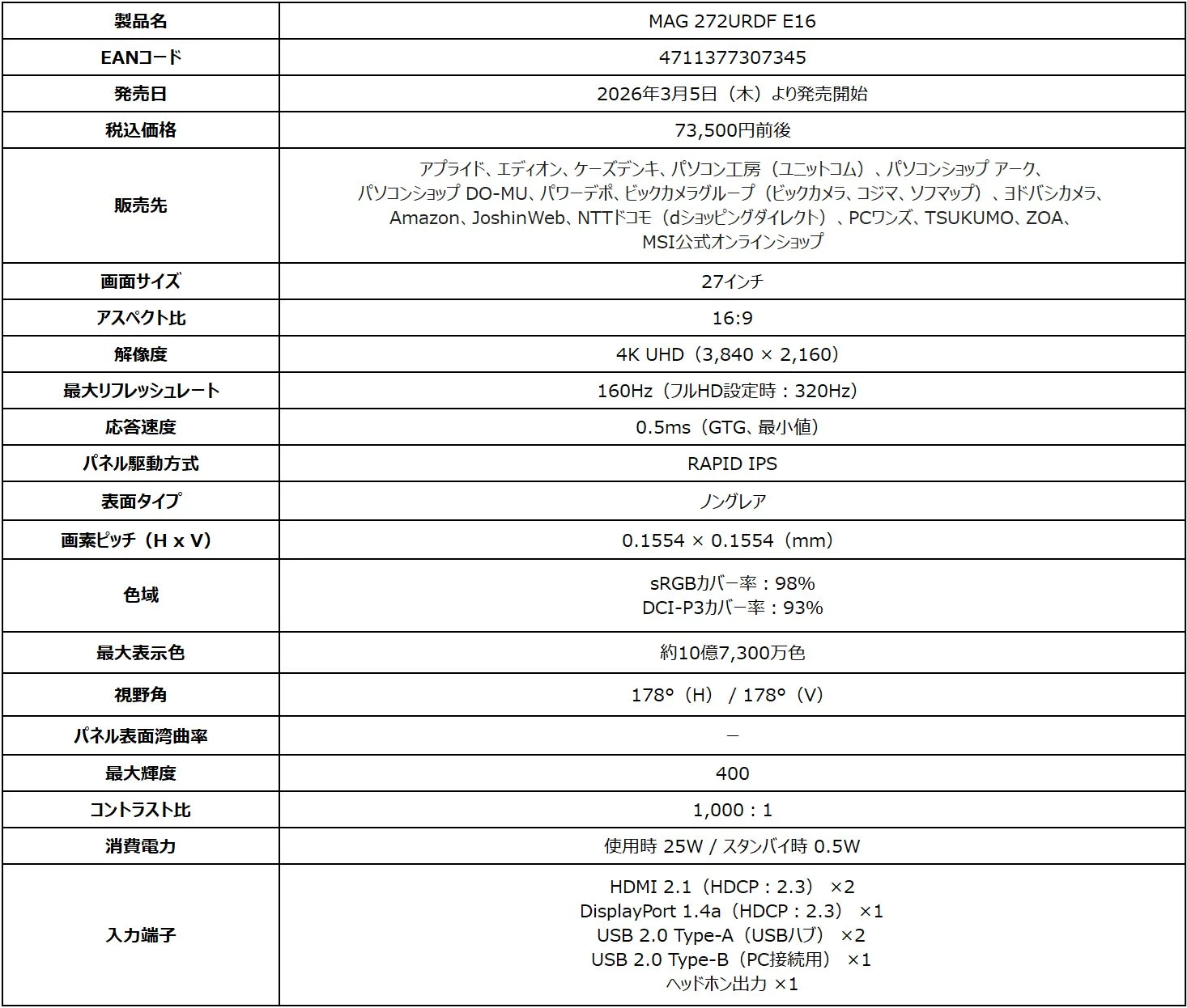 MAG 272URDF E16 製品仕様表1