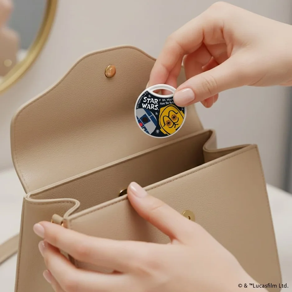 スター・ウォーズの紛失防止タグをバッグに入れる様子