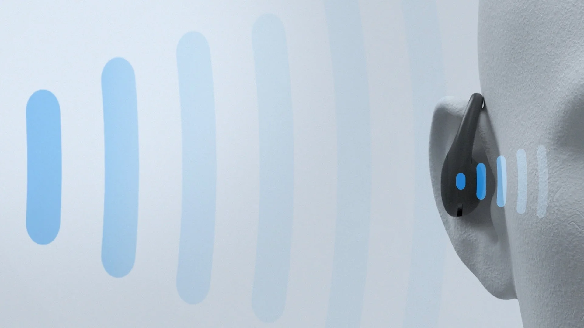 耳に装着された黒いデバイスから青い音波のような信号