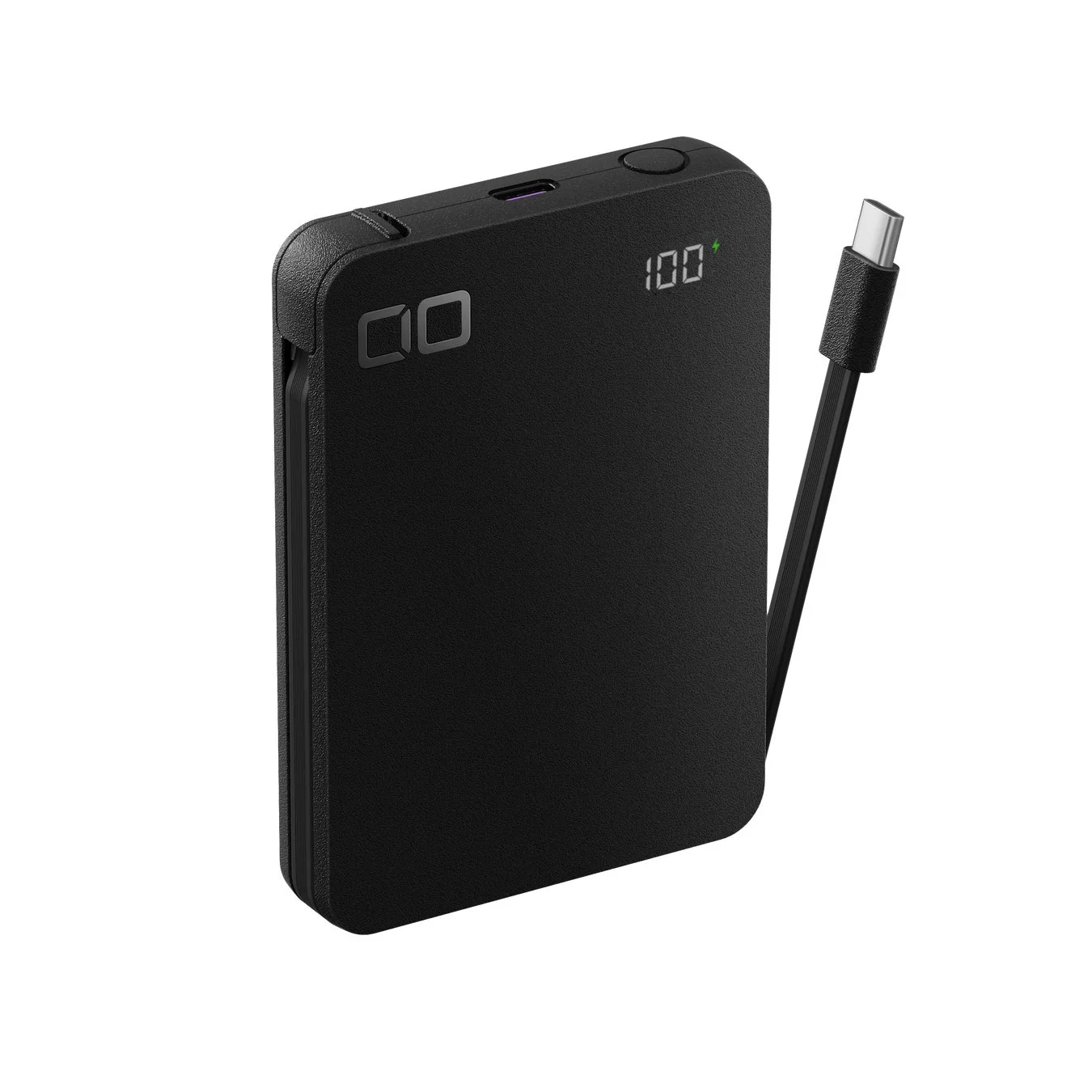 黒色のコンパクトなモバイルバッテリーです