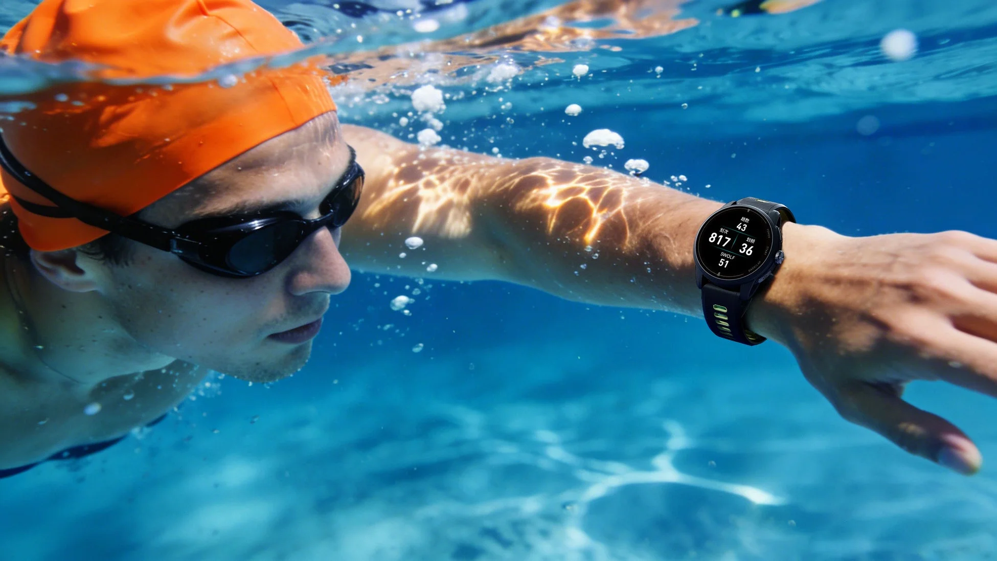 水泳中にスマートウォッチでデータを確認する男性