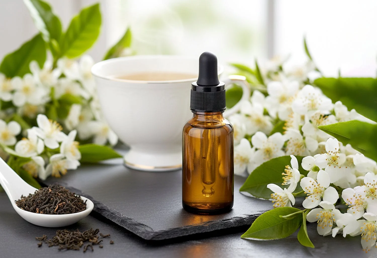 アロマオイルと茶葉のイメージ