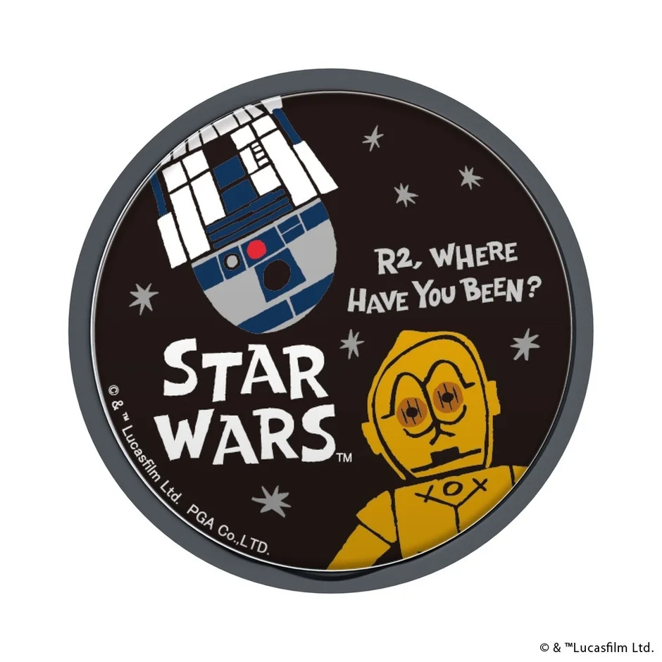 スター・ウォーズのC-3POとR2-D2が描かれた丸いイラスト。C-3POがR2-D2に「R2, WHERE HAVE YOU BEEN?」と話しかける、星が輝く夜空のようなデザインです。