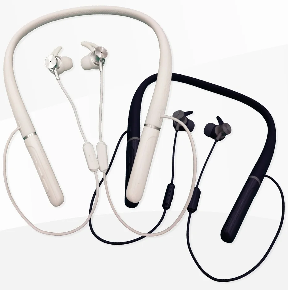 白と黒のネックバンド型ワイヤレスイヤホン