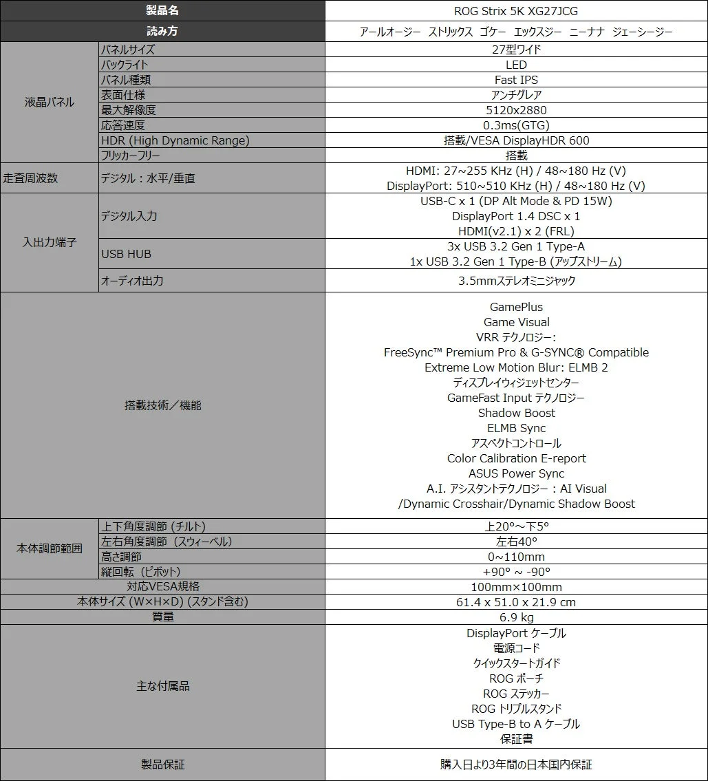 ROG Strix 5K XG27JCG 製品仕様