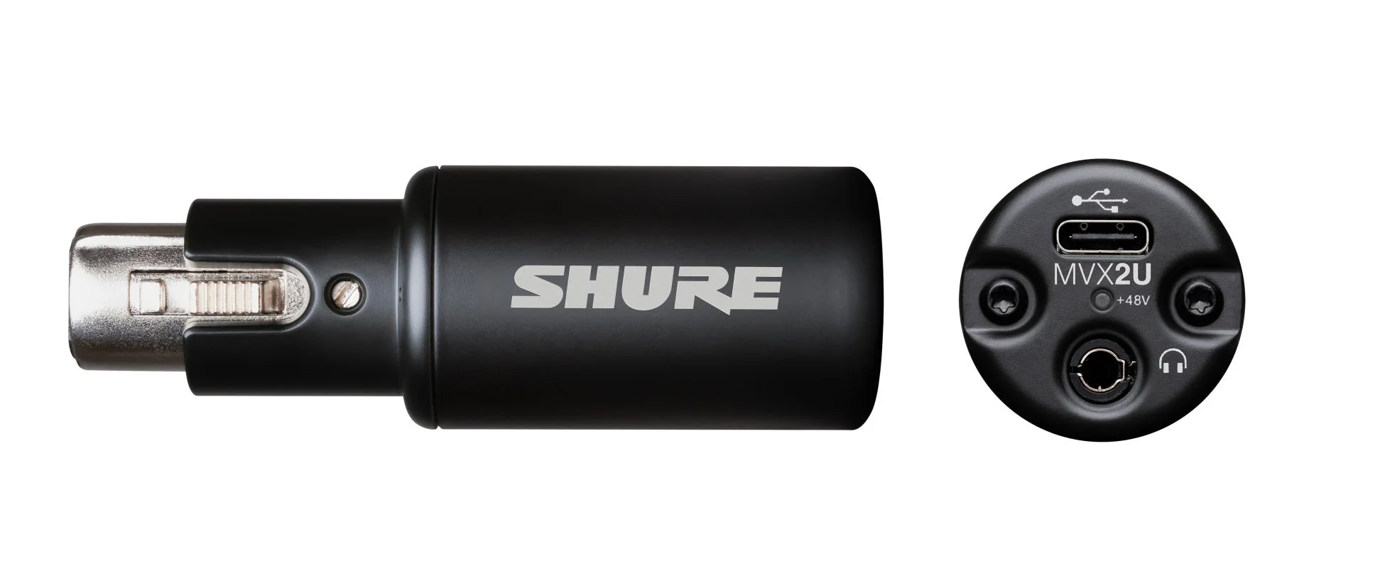 Shure MVX2Uデジタルオーディオインターフェースの製品画像です。XLR入力、USB-C出力、ヘッドホンジャックを備え、+48Vファンタム電源に対応しており、XLRマイクをPCに接続して録音や配信を行うための変換アダプターとして使用できます。