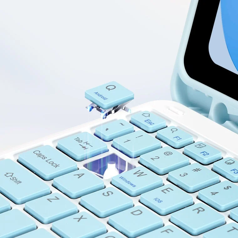 ライトブルーのキーキャップが特徴的なキーボード