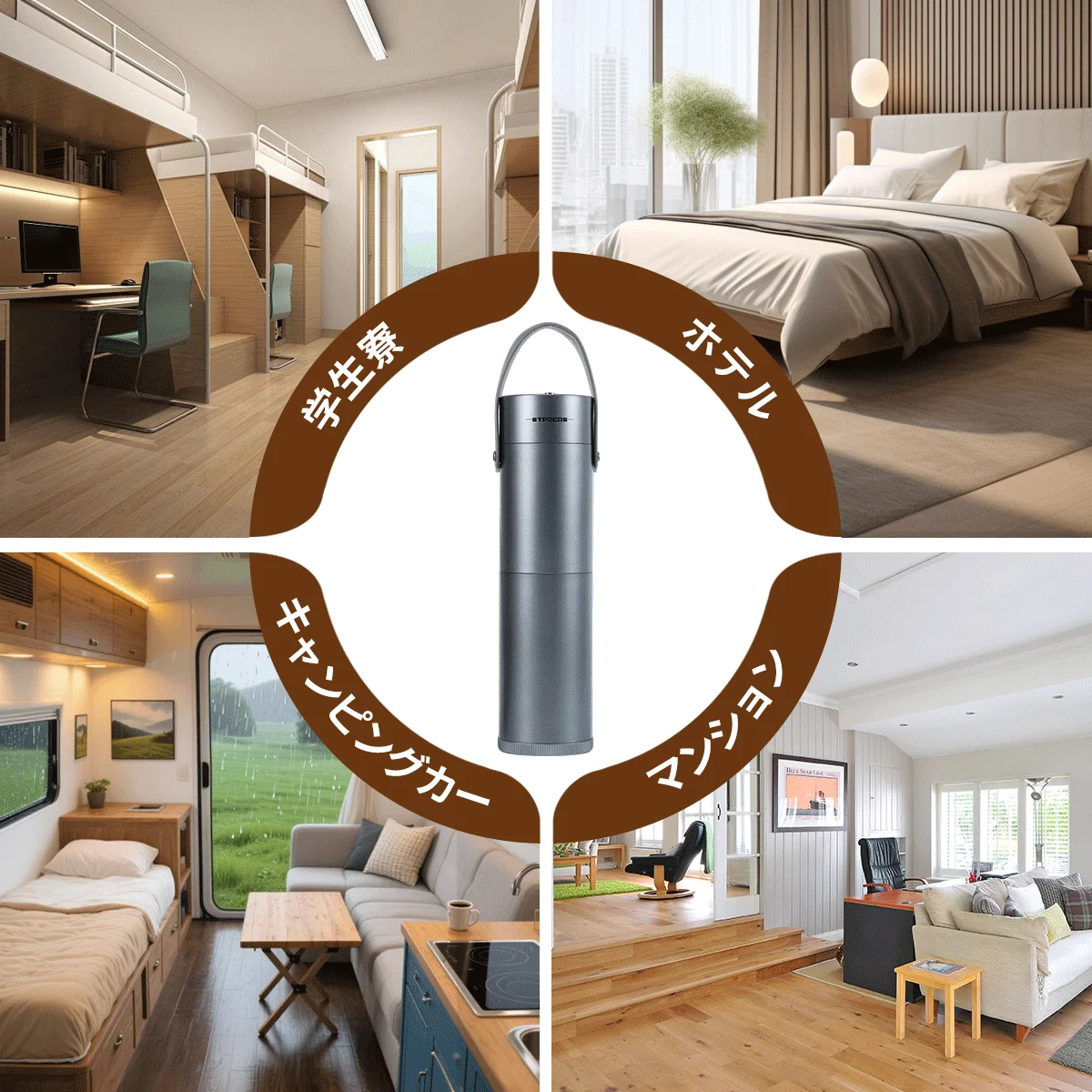 SYPOCOSが、学生寮、ホテル、キャンピングカー、マンションといった多様な居住空間での利用シーンを提示