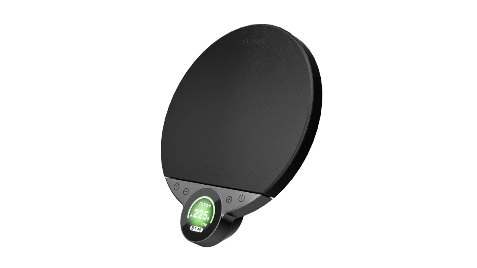 黒い楕円形のデジタルスケールで、緑色のディスプレイに測定値「225g」とタイマー「01:45」が表示されています。